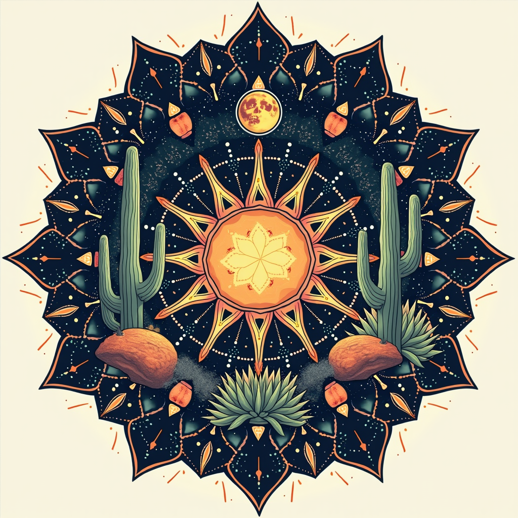 Cosmic Cactus Mandala: A radially symmetrical mandala design composed of geometric representations of desert flora (like saguaro arms or agave spikes) interwoven with celestial elements like stars and moon phases.
