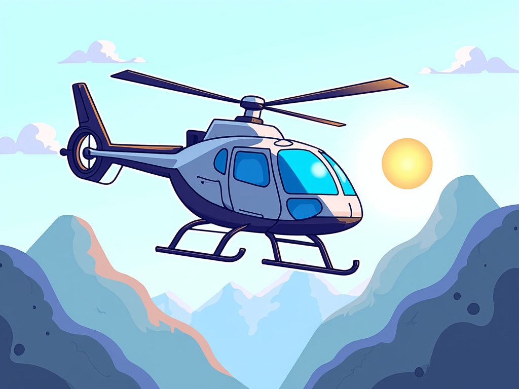 The image is an illustration of a helicopter flying over a mountainous landscape. The helicopter is in the center of the image, with its body facing towards the right side of the frame. It has a blue and white color scheme, with a pointed nose and two propellers on either side. The sky is a light blue with a few white clouds scattered across it. The mountains in the background are a mix of blue and gray, with patches of orange and yellow. The sun is shining brightly in the top right corner, casting a warm glow over the scene. The overall mood of the illustration is peaceful and serene.