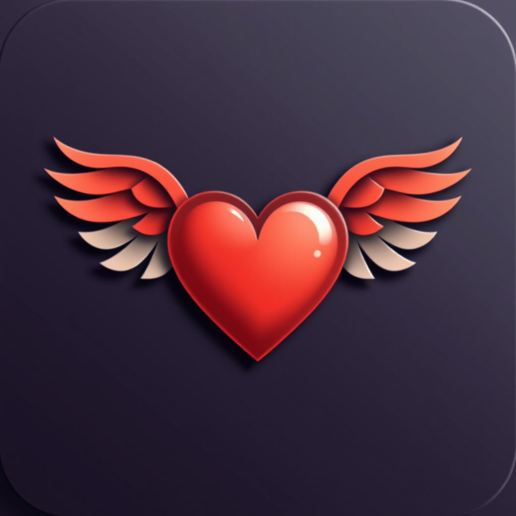 A heart with stylized wings, possibly feathered or with a more abstract, geometric design.