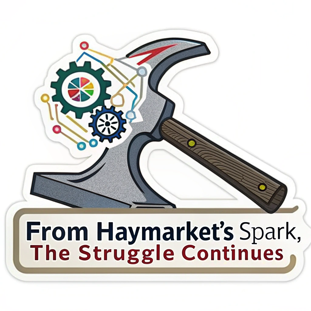 A sticker depicting a strong, stylized blacksmith's hammer (representing traditional labor) morphing into or overlaid with a modern symbol of labor (like a cogwheel encompassing a digital circuit or a diverse group of tools). Slogan: 'From Haymarket's Spark, The Struggle Continues.'
