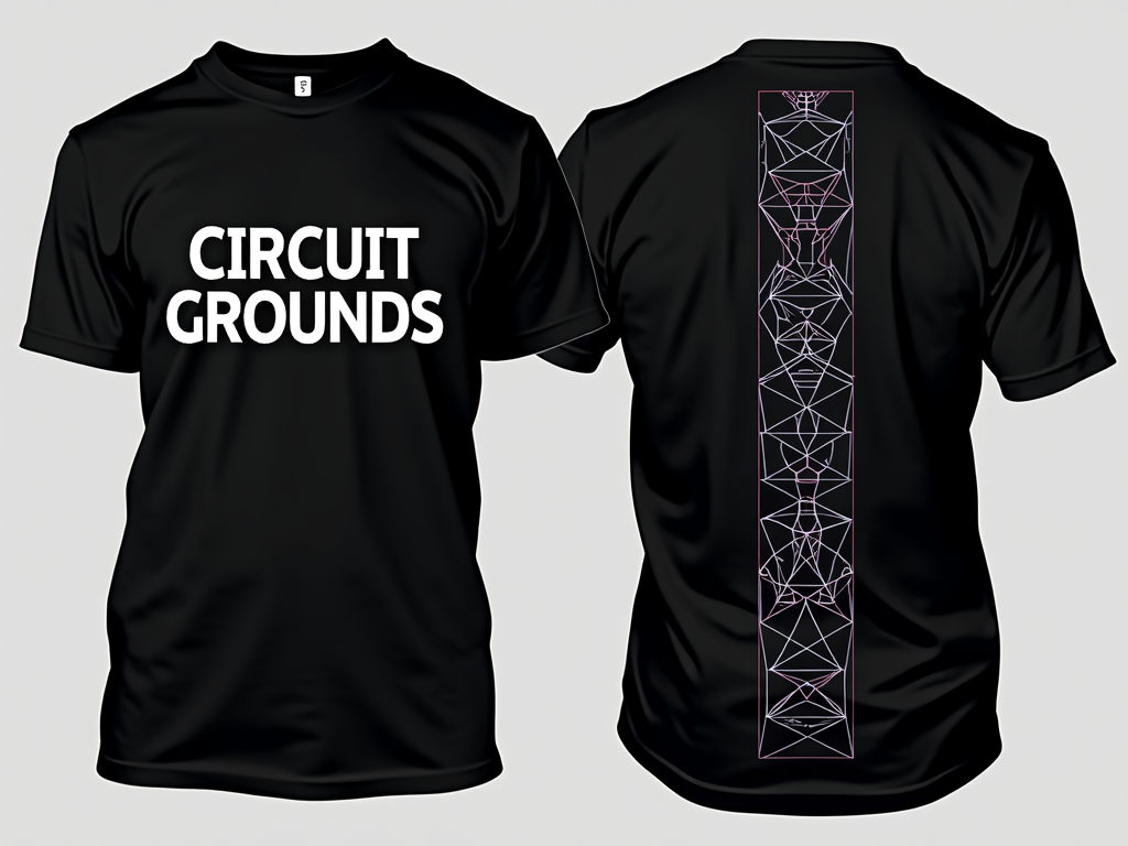 T-Shirt Design 5: A minimalist design featuring a bold, custom geometric typeface for 'CIRCUIT GROUNDS' on the front or as a vertical spine print on the back. The reverse side could feature a large, intricate geometric pattern inspired by the stage's lighting arrays.