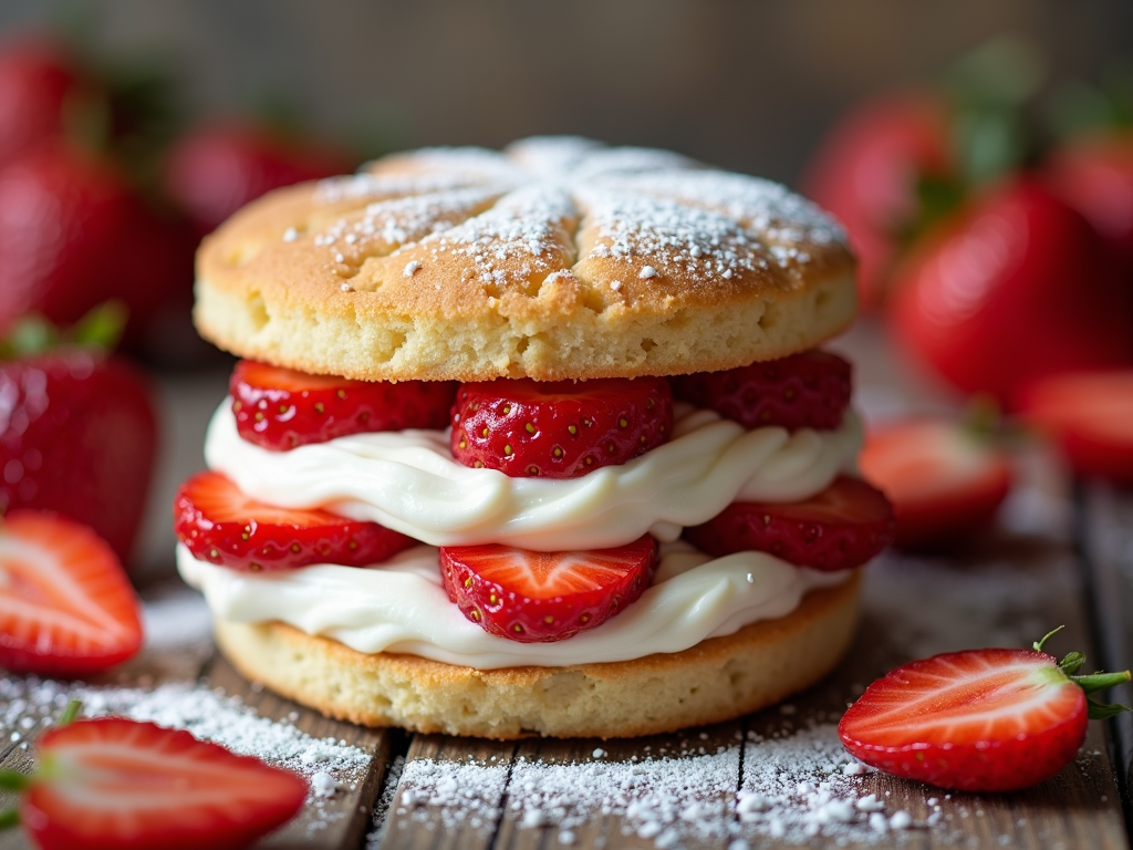 A sandwich cookie with two shortcake cookies, filled with a layer of whipped cream and fresh sliced strawberries.