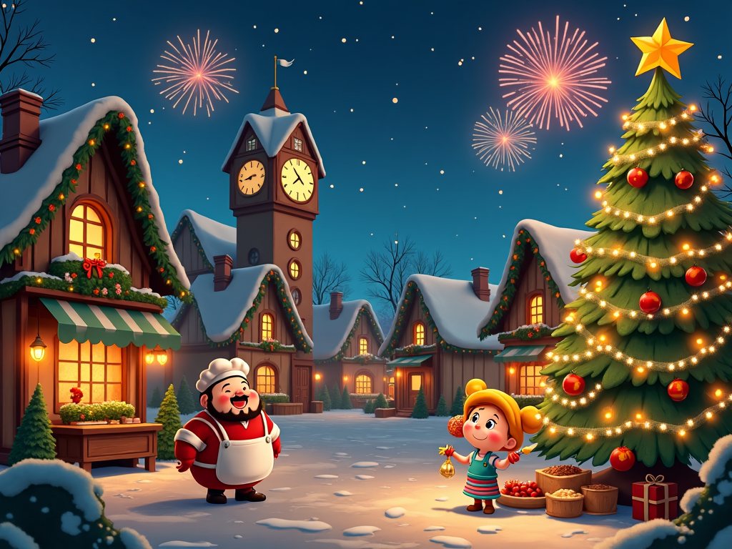 A quaint cartoon village square decorated with garlands and a large clock tower striking midnight. Cartoon residents, including a jolly baker and a happy florist, gather around a grand Christmas tree as fireworks burst colorfully in the sky, welcoming the magic of Christmas Eve.