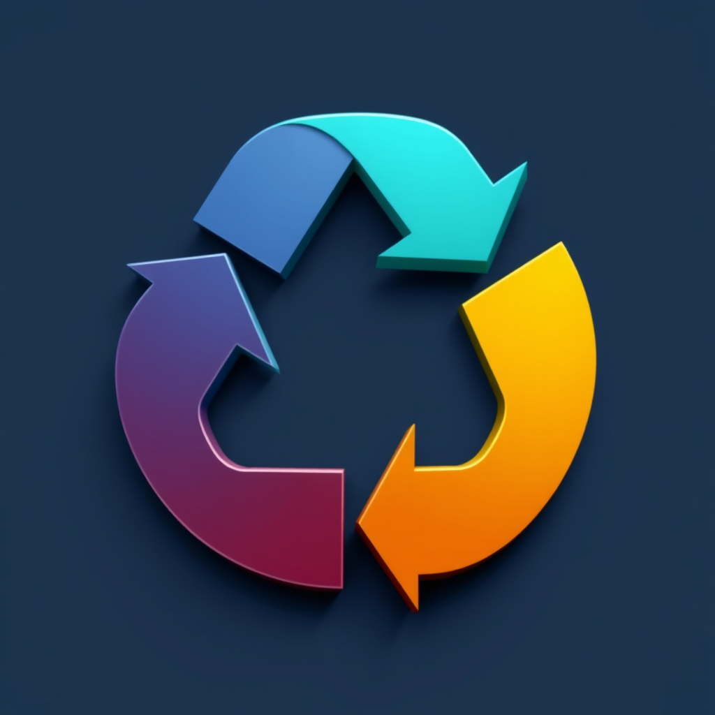 Recycle Reimagined for I/O: The classic recycling symbol is modernized, potentially incorporating the Google 'G' or 'I/O' typography, with arrows formed from abstract renewable energy or plant growth motifs.