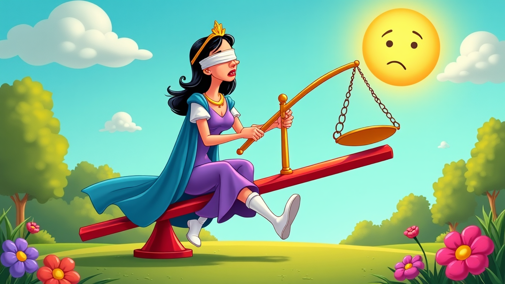 An amusing cartoon depicting Lady Justice losing her balance on a seesaw, humorously illustrating the everyday struggles and wobbles in administrating justice.