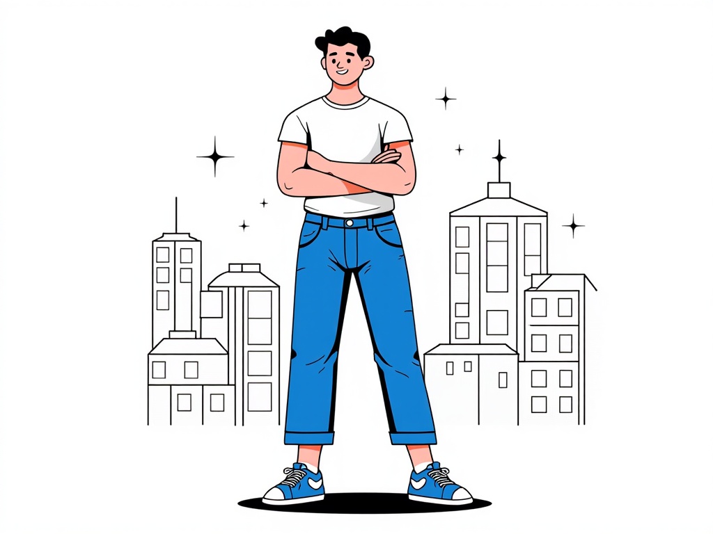 The image is an illustration of a young man standing with his arms crossed in front of a cityscape. He is wearing a white t-shirt, blue jeans, and blue sneakers. He has short dark hair and is smiling at the camera. The background is white with a few buildings and stars scattered around. The overall style of the illustration is flat and minimalistic.