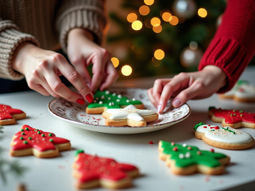  a pair of hands reaching for a decorated Christmas cookie on a white plate. The plate is placed on a table with a Christmas tree in the background. The cookies are in the shape of Christmas trees with red and green icing and sprinkles on top. The hands are wearing a red sweater and appear to be in the process of decorating the cookies. The background is blurred, but it appears to be a kitchen countertop with more cookies scattered around. The overall mood of the image is festive and cozy.