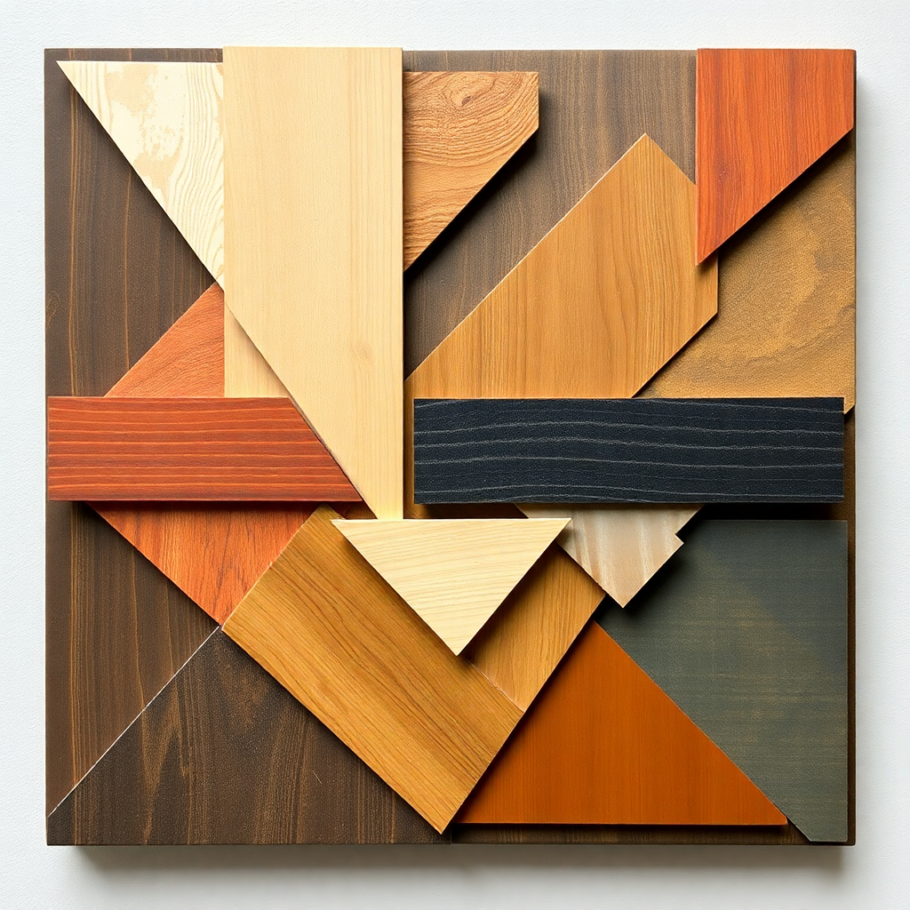 Construct a wall art piece using layered geometric shapes made from different materials such as wood, acrylic, and metal to add depth and texture.