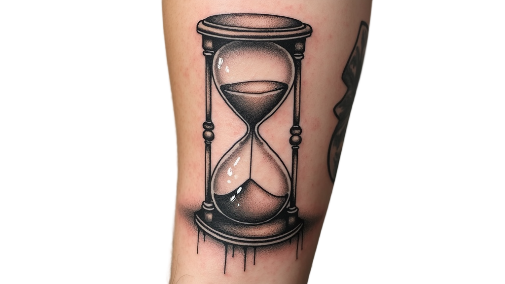 A nostalgic hourglass tattoo on a forearm, sand flowing asymmetrically inside, signifying the passage of time.