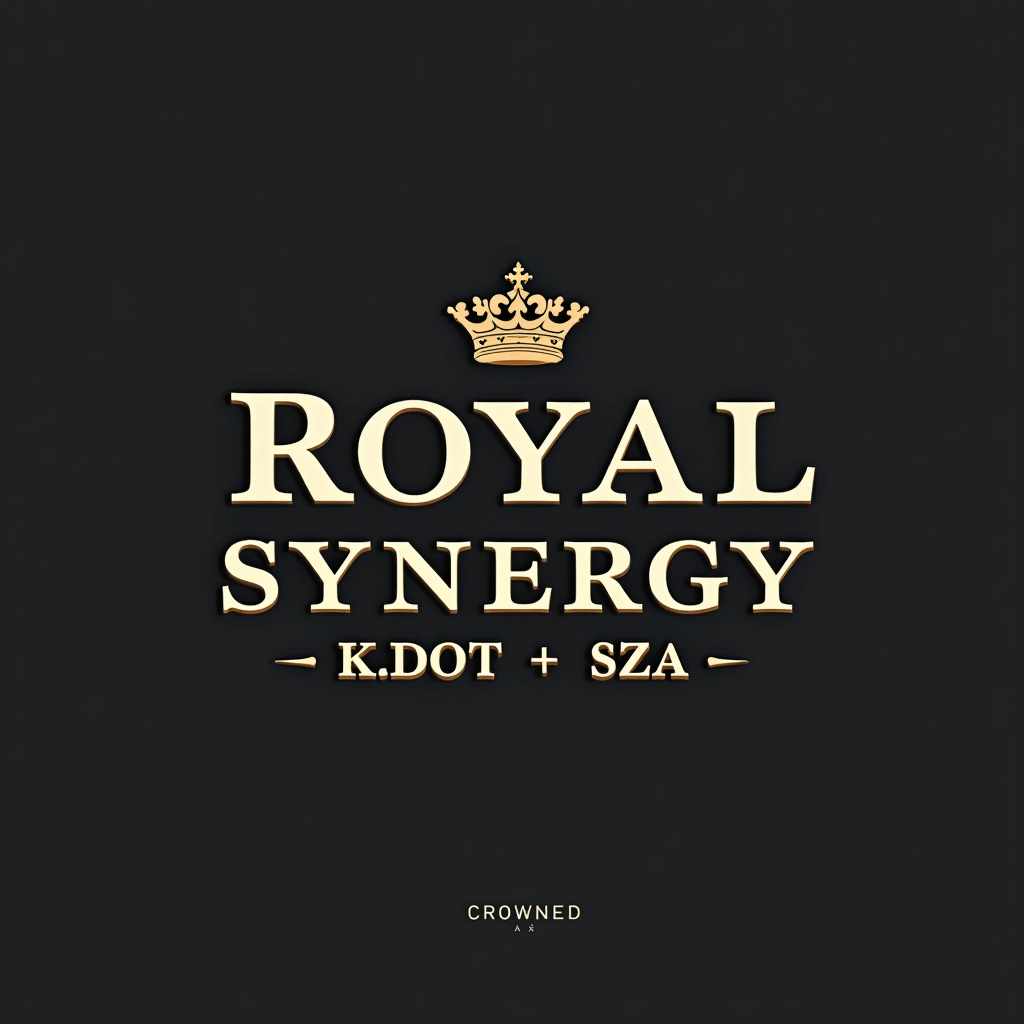 Simple Logo Idea: The words 'ROYAL SYNERGY' in a strong, elegant serif font. Below it, 'K.DOT • SZA' with small, iconic crown symbols a top each name. The word 'CROWNED' could be subtly integrated as a small tagline or an element within a crest-like shape enclosing the text.
