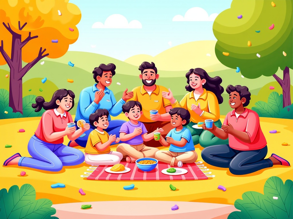  a group of people sitting on a blanket in a park or garden. There are nine people in the image, six adults and three children, all of whom are smiling and enjoying a meal together. The adults are sitting on the ground, while the children are sitting in front of them. They are all holding plates of food and appear to be having a good time.  In the background, there are trees and bushes, and the sky is blue with white clouds. The ground is covered in green grass and there are colorful confetti scattered around. The overall mood of the image is cheerful and happy, suggesting that the family is having a fun and enjoying their meal.