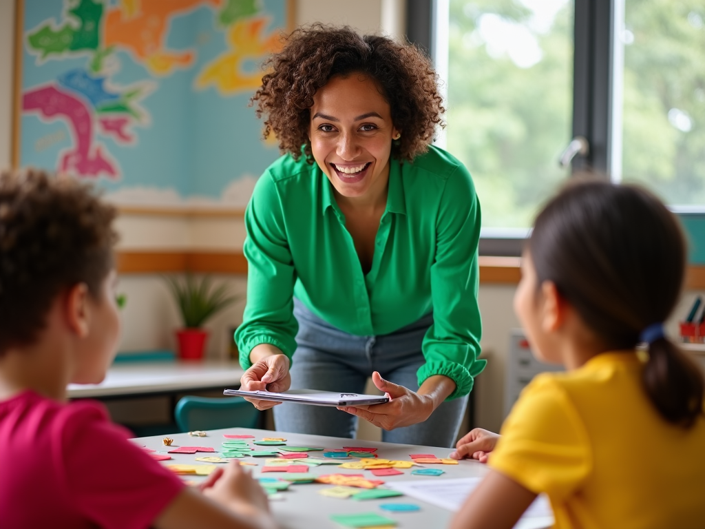 A language teacher holds a clipboard while engaging students in a new vocabulary game. The classroom is vibrant with cultural crafts and flashcards strewn across tables, reflecting an immersive experience.