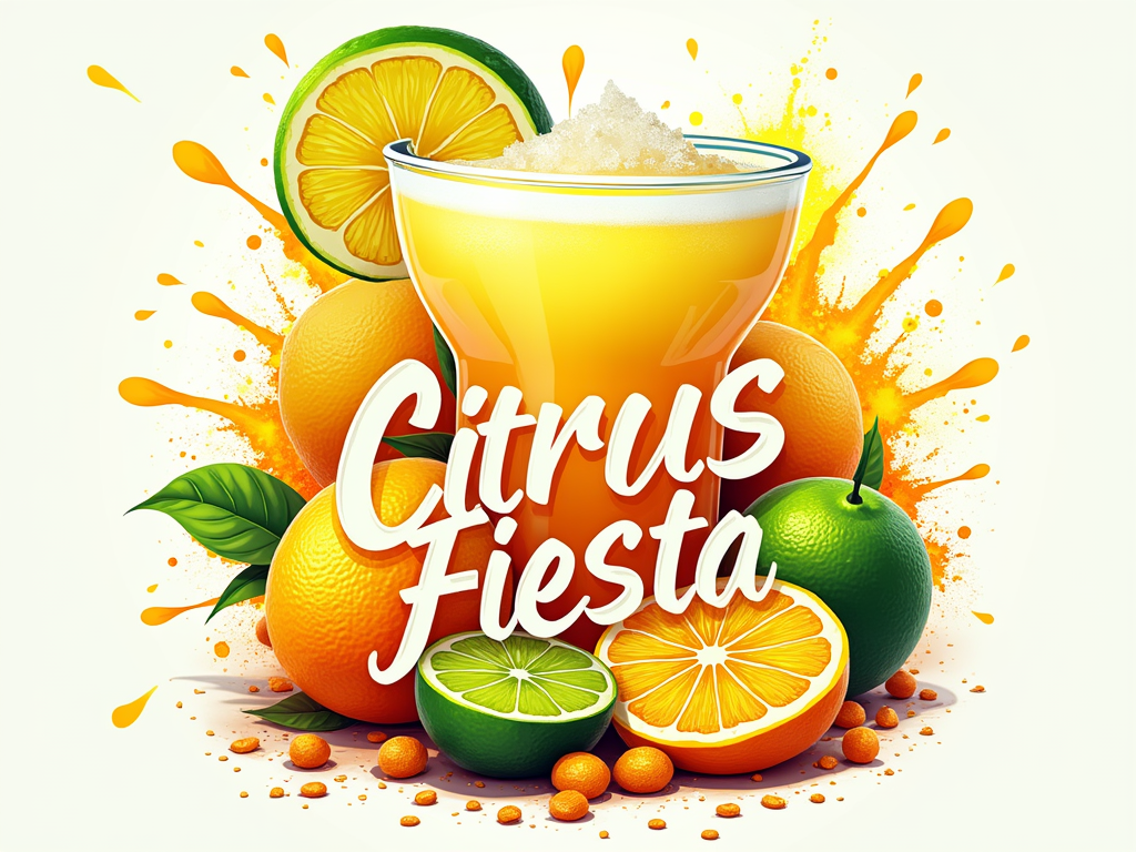 A vibrant 'Citrus Fiesta Splash' theme featuring an energetic explosion of lime, lemon, and orange wedges, intertwined with margarita splashes. The text 'Salty Rims & Citrus Splash' could be dynamically integrated within these visual elements, possibly with a frosted margarita glass silhouette subtly in the background or as the central motif.