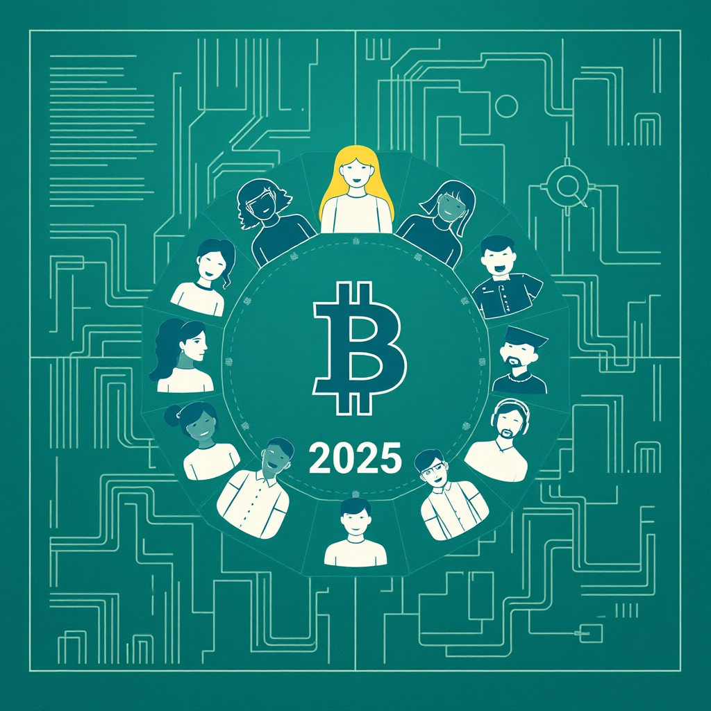 Sub-Design Idea 3: 'The People's Protocol'. Visual: A blueprint-style design. The background features faint schematics or code snippets. Overlayed are clean, iconic representations of diverse people forming a circle or network. In the center, a minimalist Bitcoin logo with '2025' integrated below. This highlights the protocol's technical foundation and its community-centric nature.