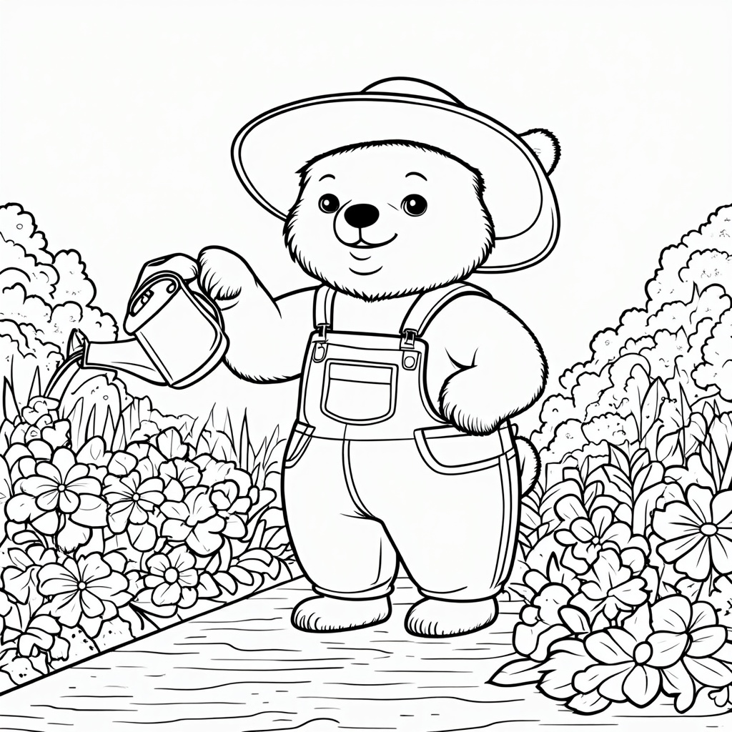 A bear gardener watering flowers, his garden bursting with potential for bright colors.