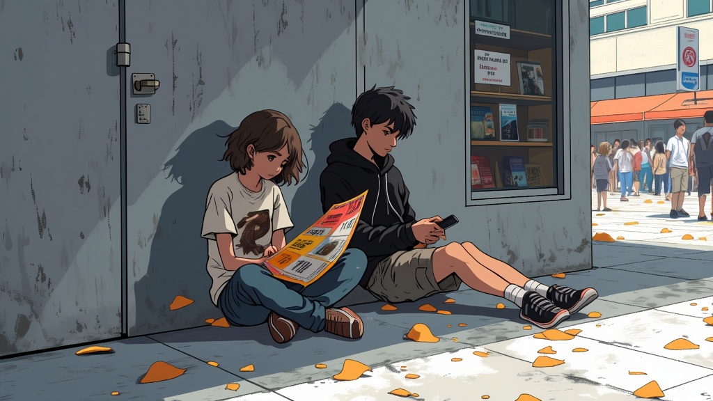 Characters resting against a wall outside a panel room, one fanning themselves with a con schedule, another scrolling their phone, showcasing quiet, post-event fatigue.