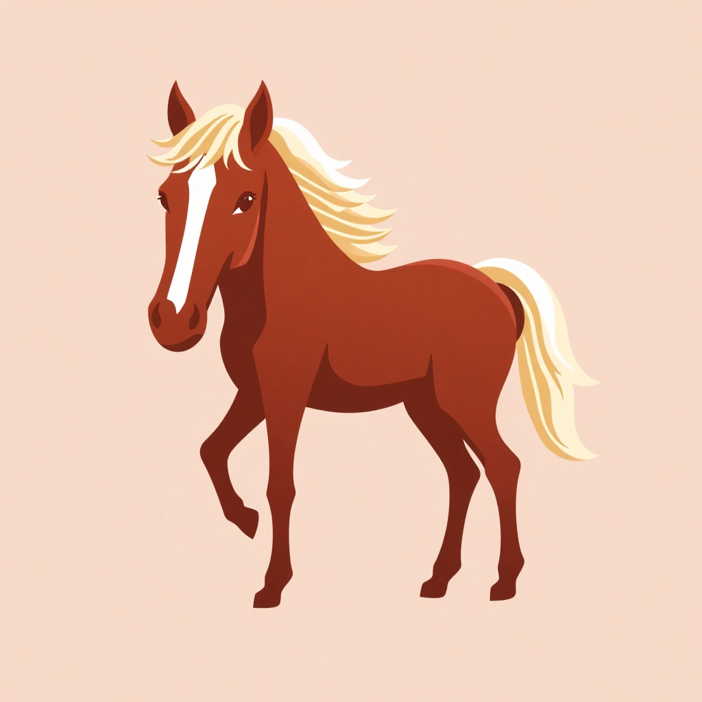 The image is a digital illustration of a brown horse with a white mane and tail. The horse is standing on all fours and is facing towards the left side of the image. The background is a light peach color. The overall style of the illustration is simple and cartoon-like.