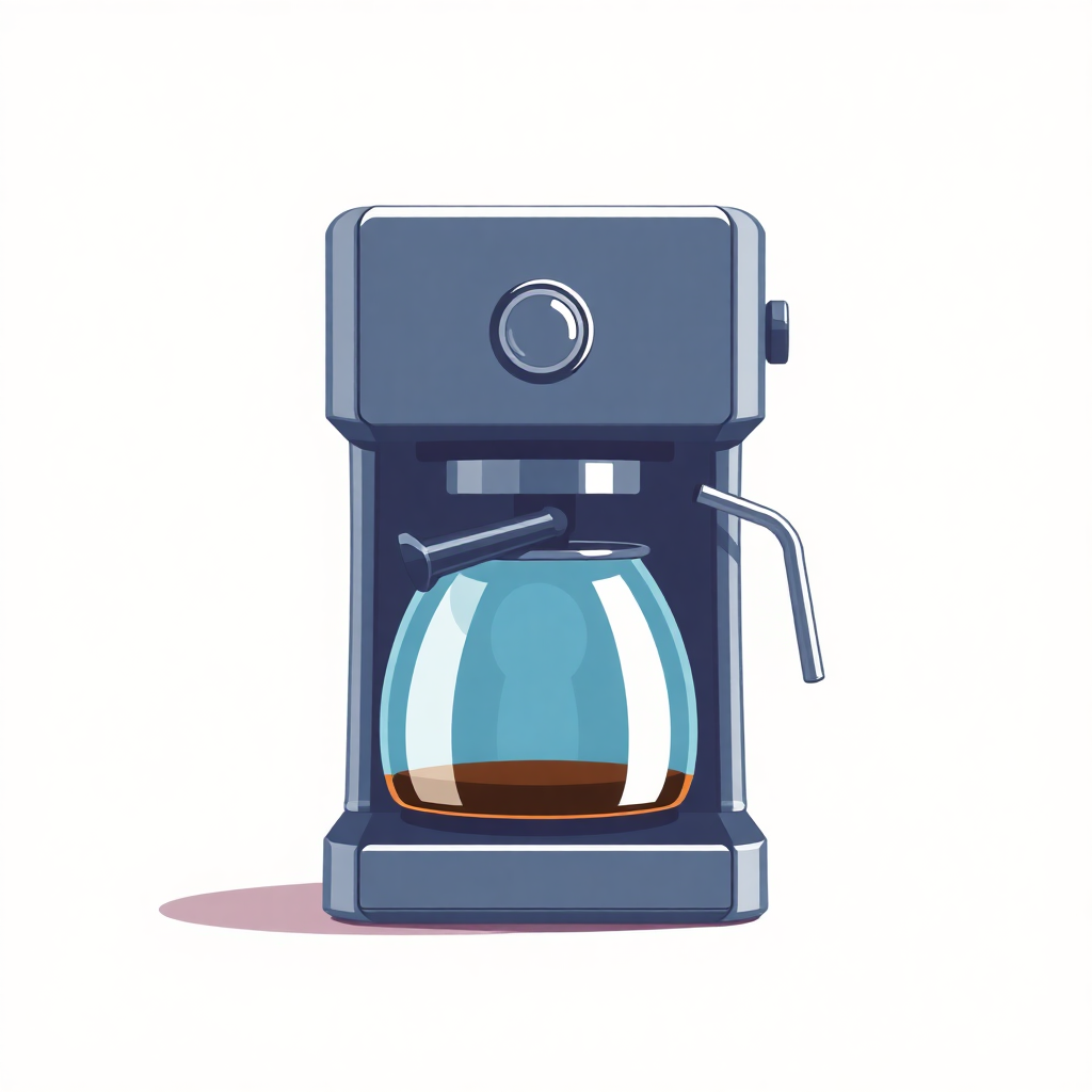 The image is an illustration of a blue coffee machine. The machine has a sleek and modern design with a handle on the right side and a spout on the left side. It has a round knob on the top for adjusting the temperature. In front of the machine, there is a glass carafe with a blue lid. The carafe is filled with a dark brown liquid, which appears to be freshly brewed coffee. The background is white, making the blue machine stand out.