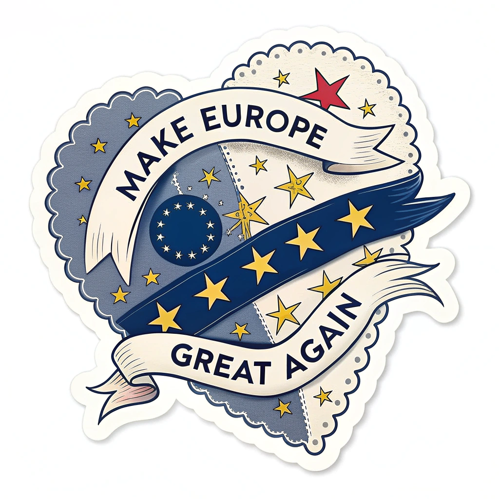 A circular sticker with the EU stars forming a heart shape, surrounded by a banner that says 'Make Europe Great Again'.