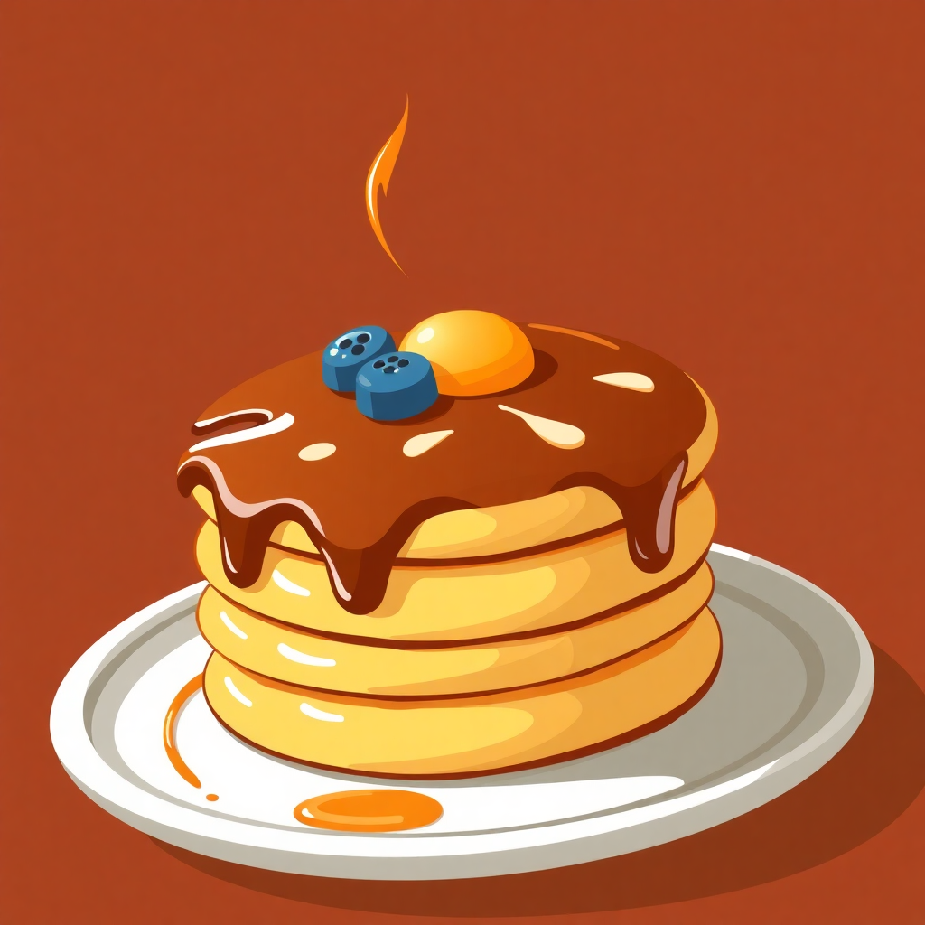 The image is an illustration of a stack of pancakes on a white plate. The pancakes are golden brown and appear to be freshly made. On top of the stack, there is a drizzle of chocolate sauce and two blueberries. The sauce is dripping down the sides of the pancakes. The plate is white and the background is a solid orange color. There is also a small orange flame coming out of the top right corner of the image. The overall style of the illustration is cartoon-like and playful.