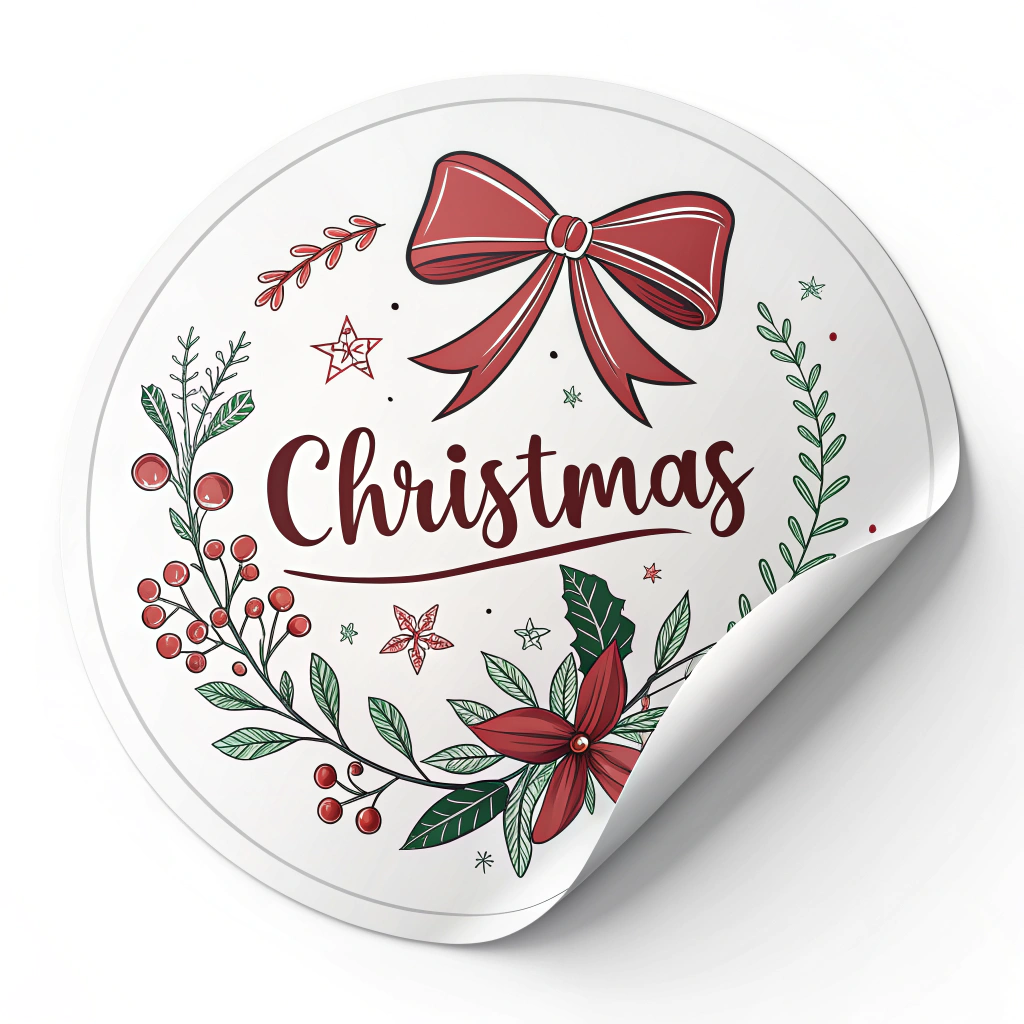 The image shows a white background with a Christmas sticker featuring a red bow and holly wreath. The sticker is decorated with text and drawings of flowers and leaves, creating a festive and cheerful atmosphere.