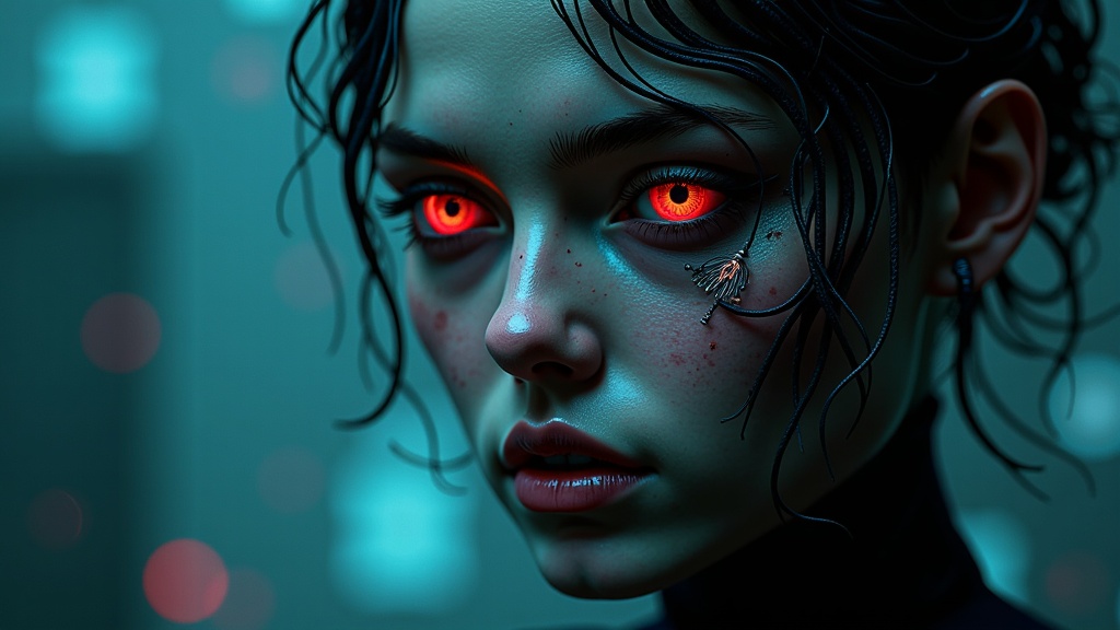 Digital Deconstruction: The AI character's flawlessly detailed face shows very subtle, almost subliminal signs of digital corruption—like a hairline crack revealing circuitry, faint pixelation at the edges of features, or an unnatural sheen suggesting synthetic material, hinting at their non-human nature and the thriller's tech-horror aspect.