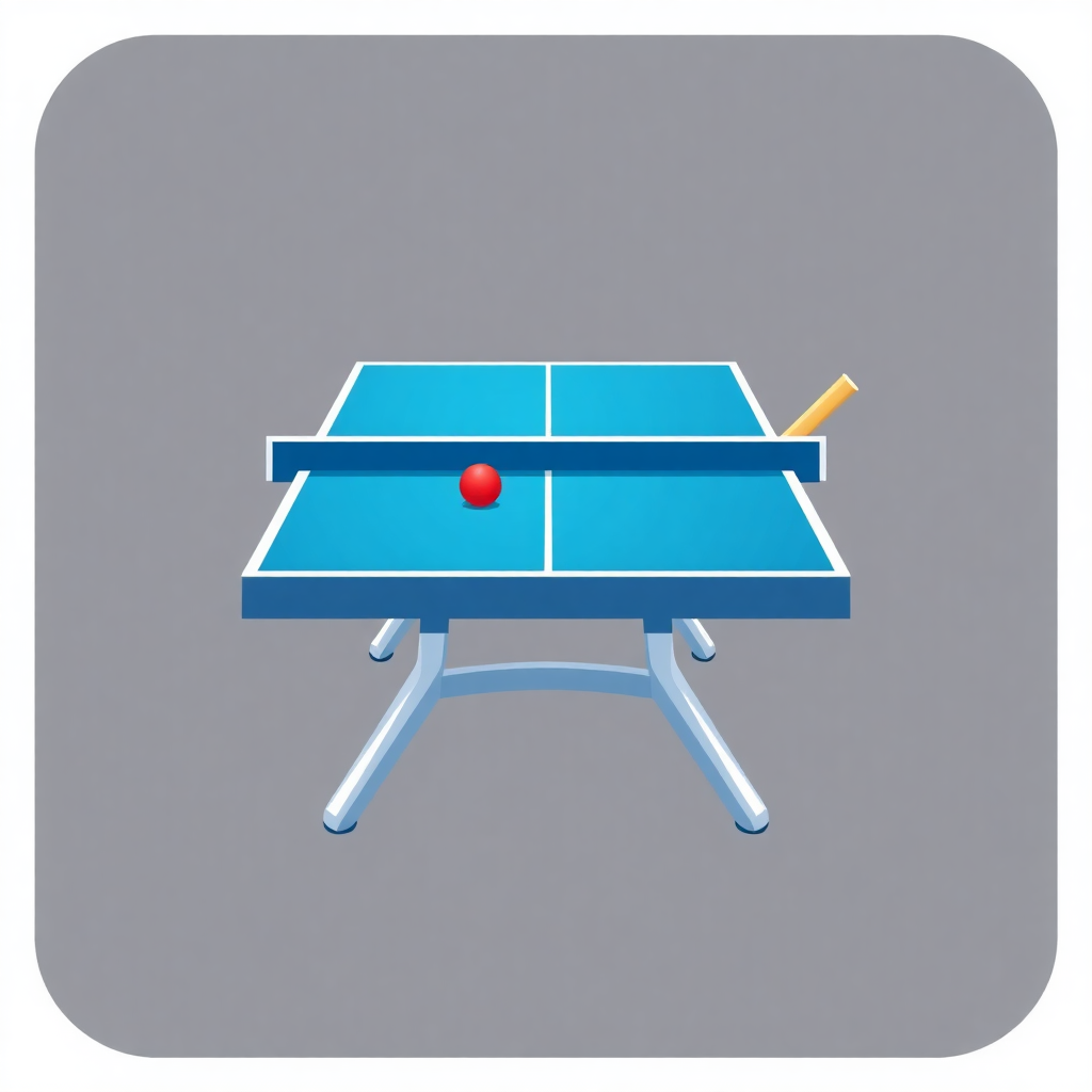 The image is a 3D illustration of a ping pong table. The table is blue in color and has a rectangular top with four legs. On the right side of the table, there is a red ping-pong ball and a yellow paddle. The background is a light grey color. The image is in a square shape with a white border.