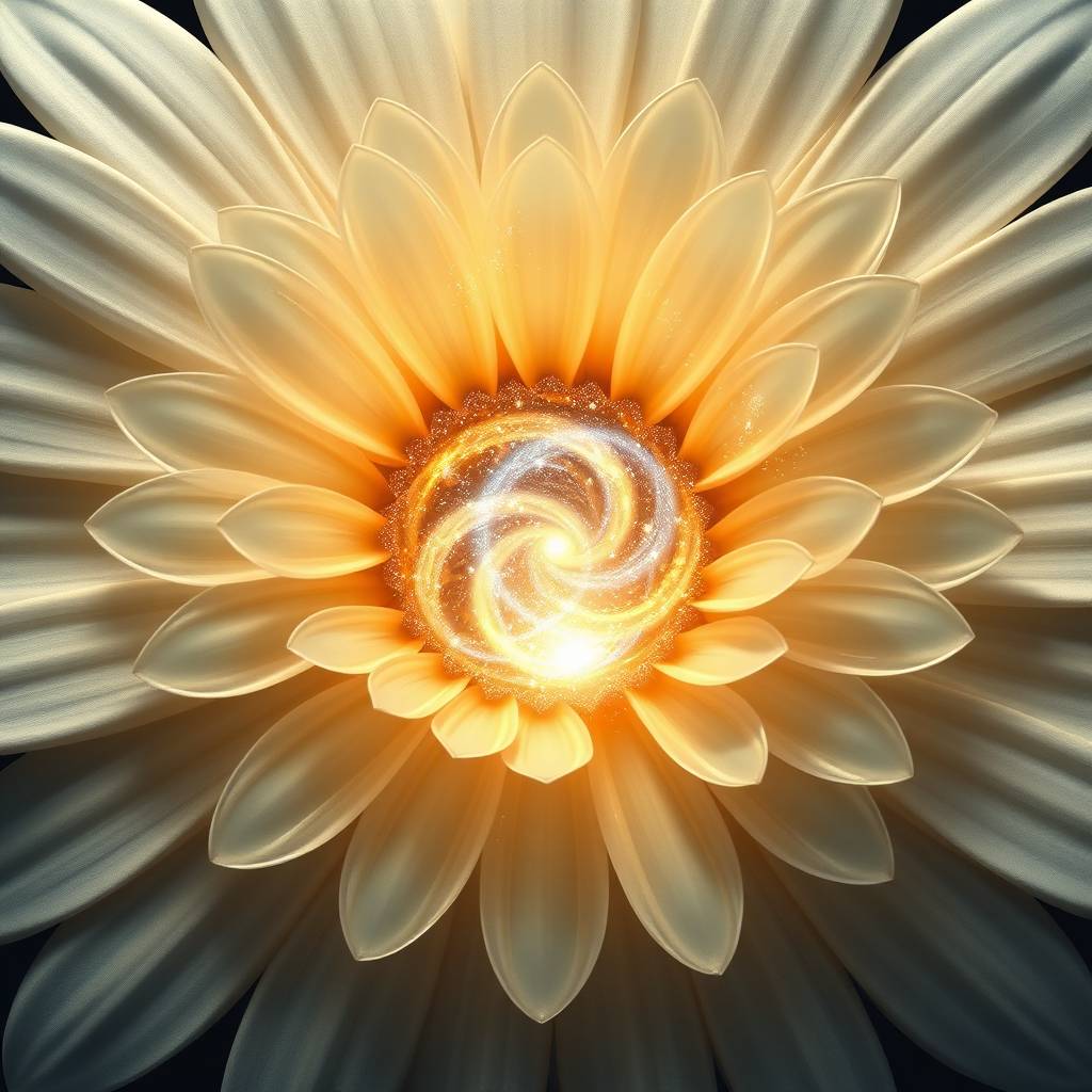 Sub-Design Idea 1 (Cosmic Bloom Portal): The daisy's core acts as a swirling cosmic gateway (nebula, stardust) into EDC. Petals are translucent, radiating soft light, with subtle geometric patterns hinting at futuristic structures or pathways leading inward.