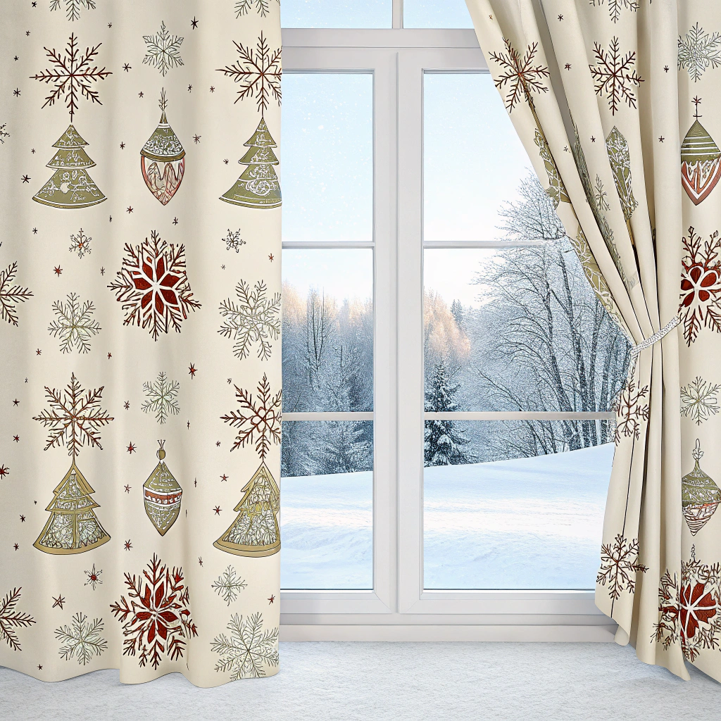 Elegant Christmas curtains framing a window, featuring glittery snowflake and bell patterns. Outside, fresh snow blankets the ground, adding to the festive charm.