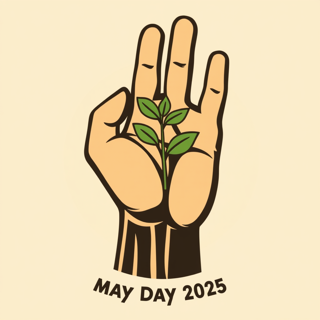 Hand of Action: A strong, stylized hand (representing solidarity) planting a hybrid 'seed' that is half sprout, half tool. This emphasizes proactive change and the protesters' agency. 'May Day 2025' included.