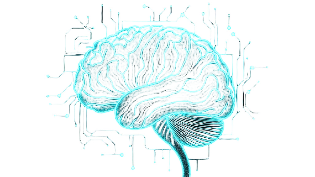 An anatomical brain intertwined with glowing circuit board traces; the glitch effect is shown by broken circuits, sparks, or areas where the an M'C_]L'M'S _7'R'X _7_Q _I_K K'R Z'Z G_K Z'S G_G H K'R'Z Z'R H K'S _7_Q _I_K R'T'M'Q'N'_ O'M'H Z'R P'S S'R L'V Z'S S'M'U'J L_S _P R K_S H Z S Z'N Z_K S'P R'Q G'_ _L'K H Z'