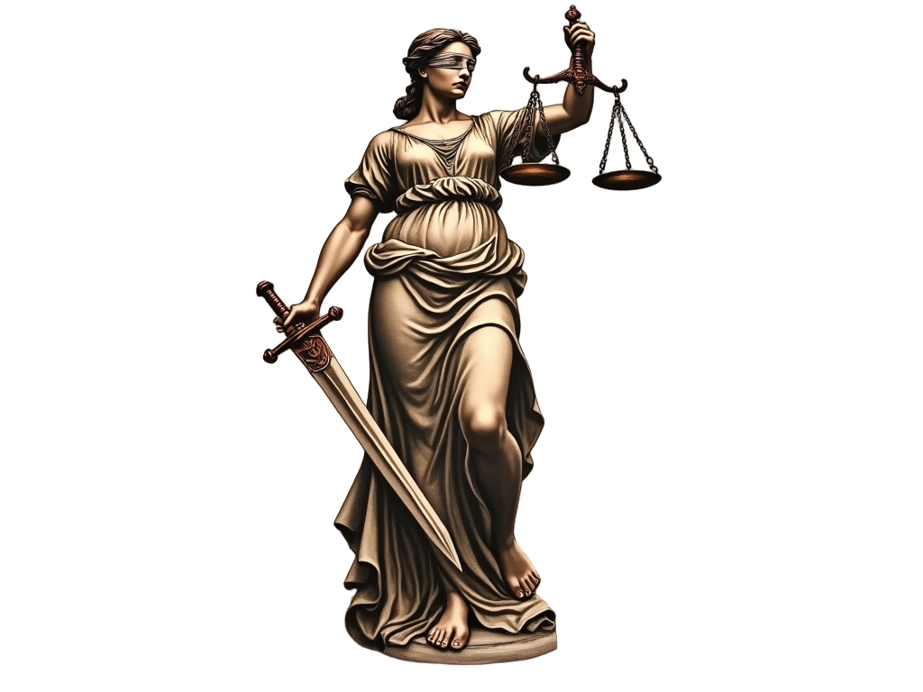 Depicted in sepia tones, the tattoo of Lady Justice on the back offers a vintage feel reminiscent of classical paintings.