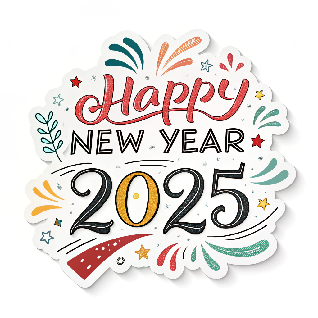 The image shows a white background with a sticker that reads Happy New Year 2025 in bold, colorful lettering. The sticker is decorated with a festive design, making it a perfect way to celebrate the start of a new year.