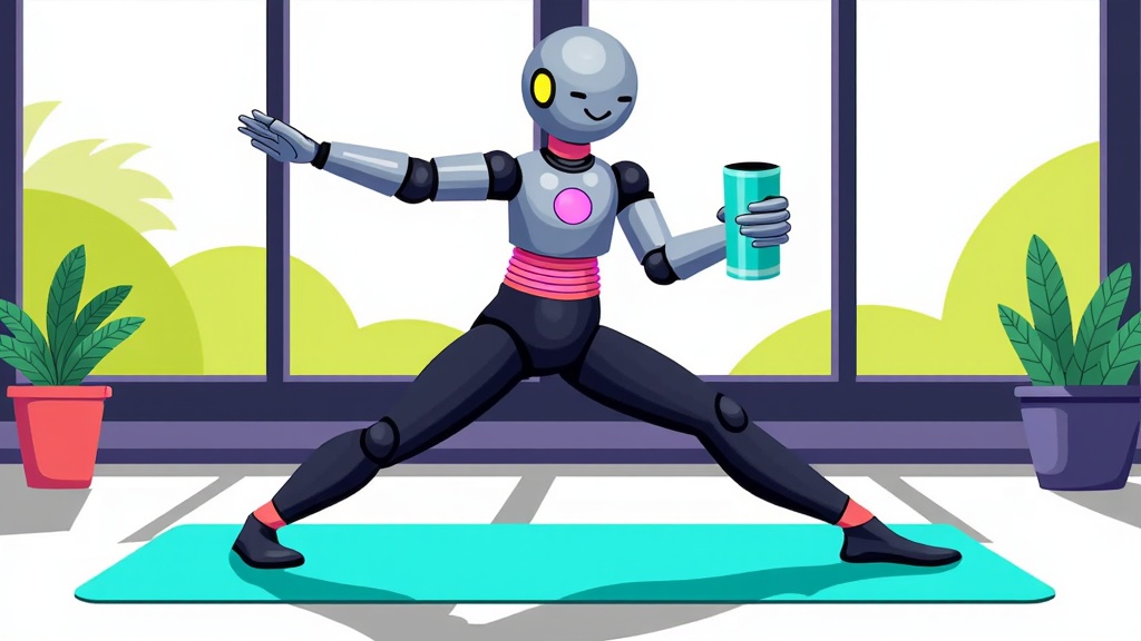  a robot in a yoga pose. The robot is standing on a blue mat in front of a large window with a view of greenery outside. It is wearing a black suit with a pink collar and has a round head with two yellow eyes. It has two arms stretched out to the sides and is holding a green water bottle in its right hand. There are two potted plants on either side of the robot. The overall mood of the image is peaceful and serene.