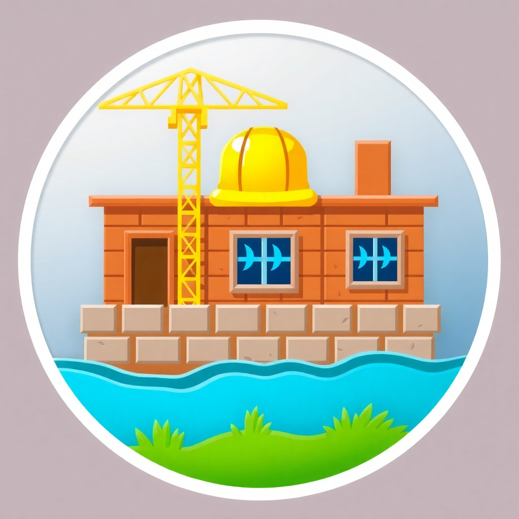 The image is a circular illustration of a construction site. In the center of the image, there is a small orange building with a yellow hard hat on top. The building appears to be a two-story structure with a sloping roof and a chimney on the right side. On the left side of the building, there are two windows with blue shutters. Above the windows, there appears to have a yellow crane. The background is a light blue sky with a few clouds. The ground is covered in green grass and there are small waves visible in the water below the building.