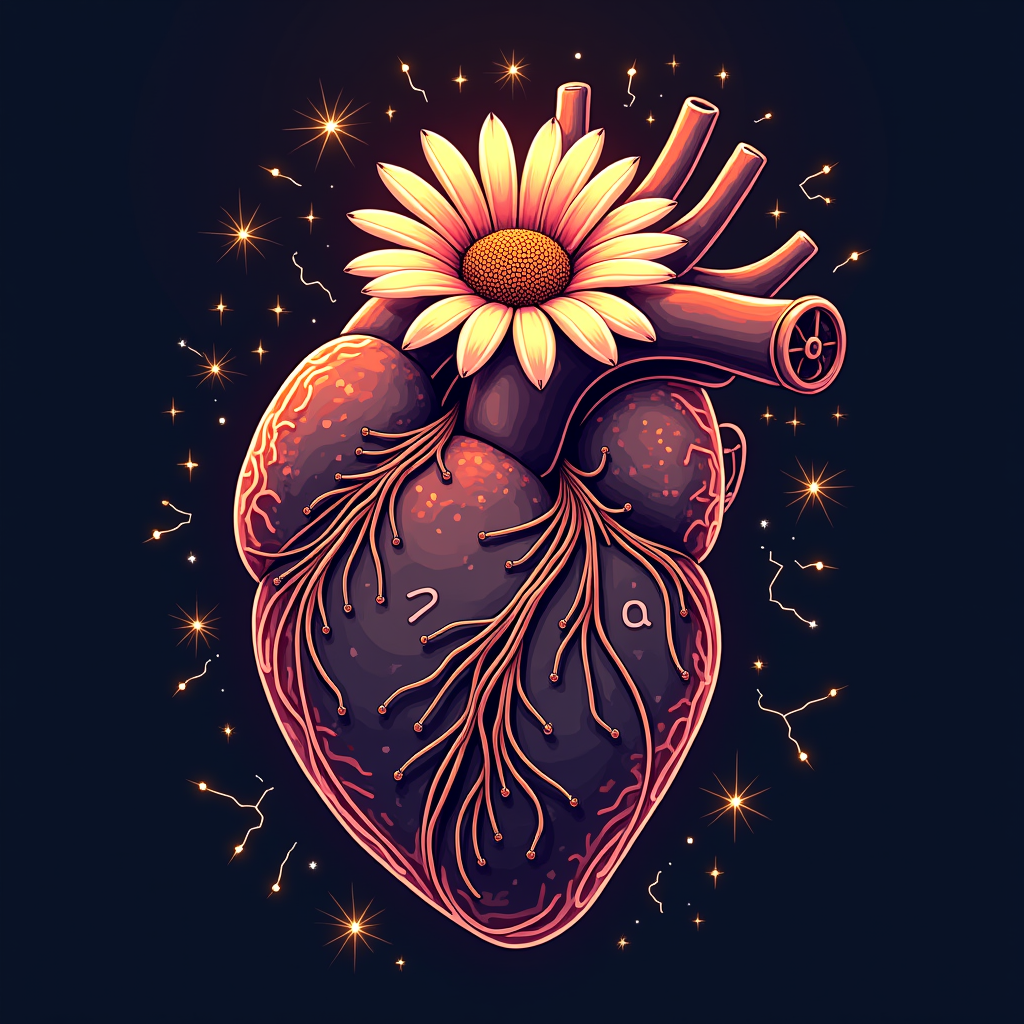 A stylized, anatomical heart made of intertwined, glowing wires and circuits. At its center, a daisy blooms with petals subtly forming the letters P, L, U, R. Sparks of 'electric' energy emanate from the heart.