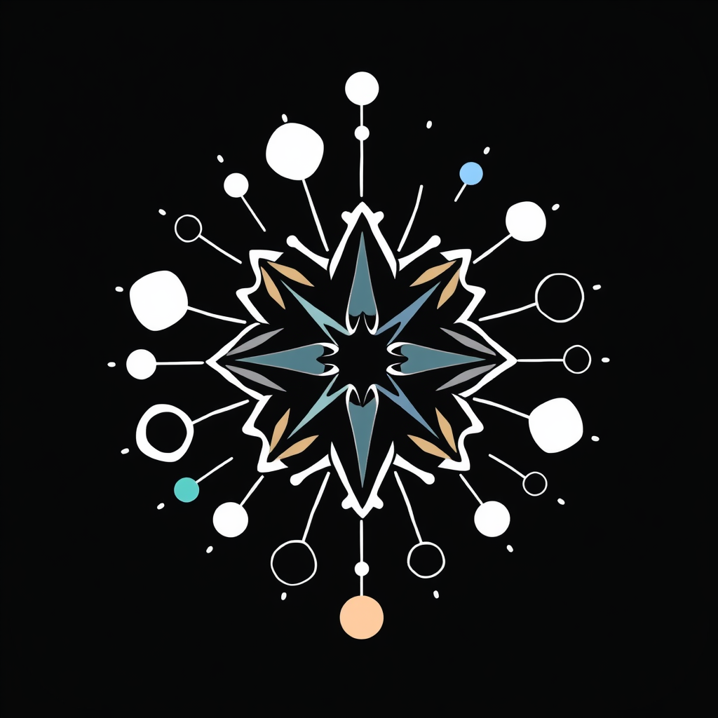 A central abstract geometric core with smaller, diverse abstract shapes radiating outwards, signifying creation and connection.