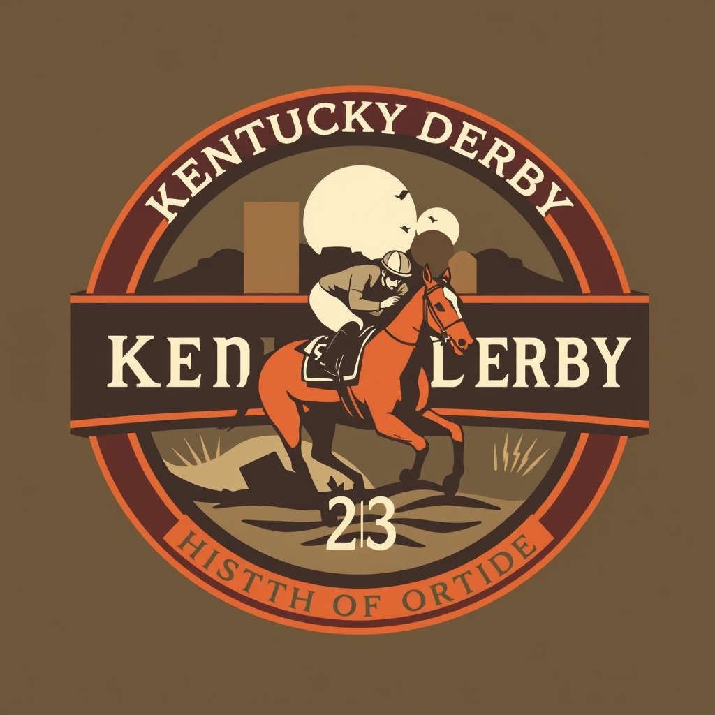 A primary logo concept that encapsulates the nostalgic elegance of vintage Kentucky Derby posters through classic typography, iconic racing imagery, and a heritage color palette.