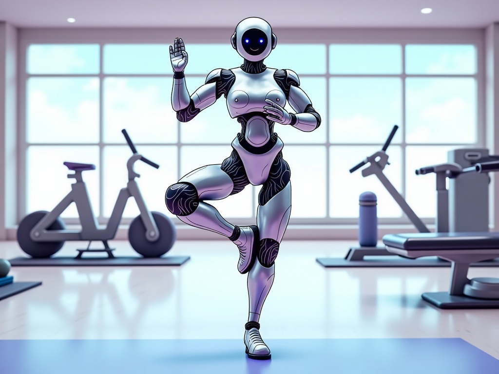  a robot in a gym. The robot is in the center of the image, with its body facing towards the left side of the frame. It has a round head with two blue eyes and a black body. Its arms and legs are stretched out in front of it, as if it is dancing or performing a dance move. In the background, there are various exercise equipment such as a stationary bike, a bench, and a dumbbell. The gym has large windows that let in natural light. The floor is made of wood and there is a blue mat in the foreground.