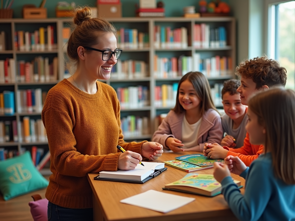 A librarian teacher with a clipboard allows students to check out books. The library is cozy, filled with board games, reading corners, and shelves lined with classic and contemporary literature.