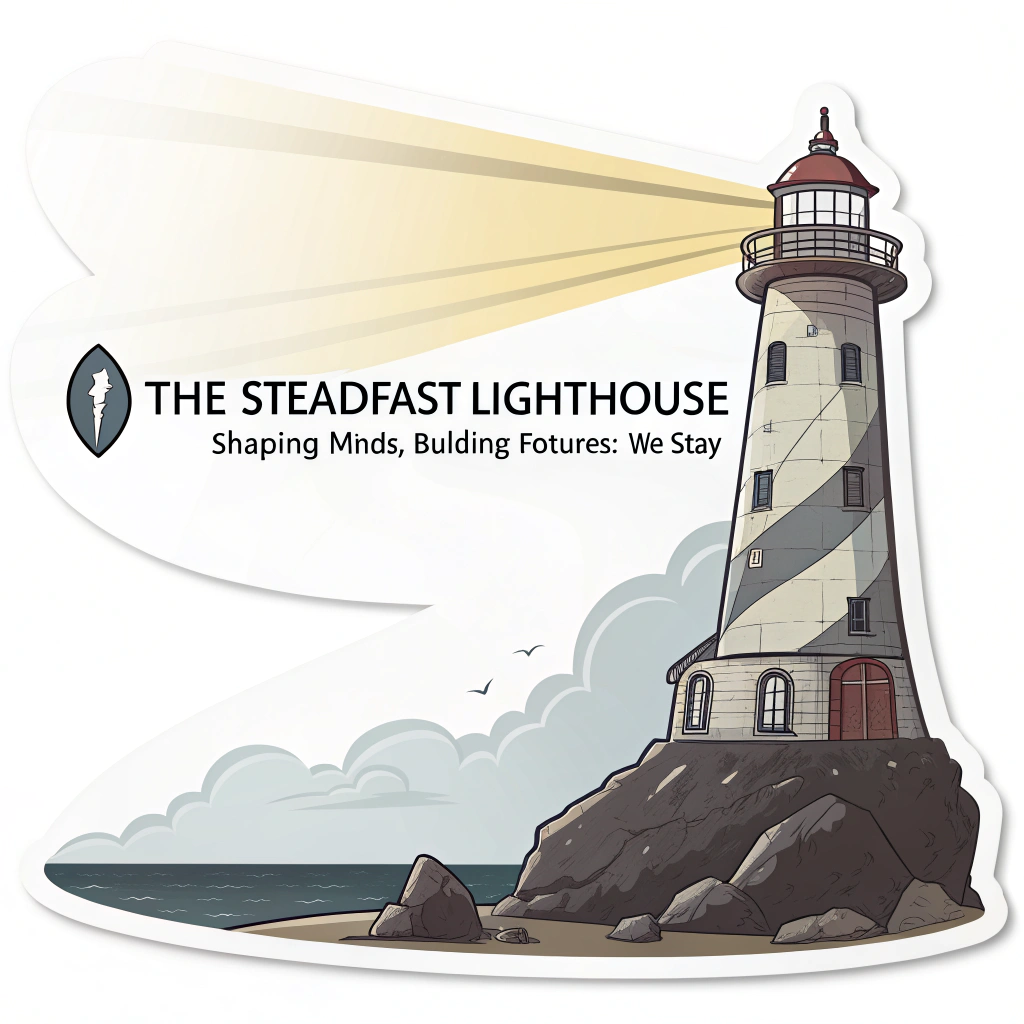 Sticker Design Idea 3: 'The Steadfast Lighthouse' - An image of a strong lighthouse casting a beam of light. The tagline 'Shaping Minds, Building Futures: We Stay' could be in the beam or around the base, symbolizing guidance and unwavering presence.