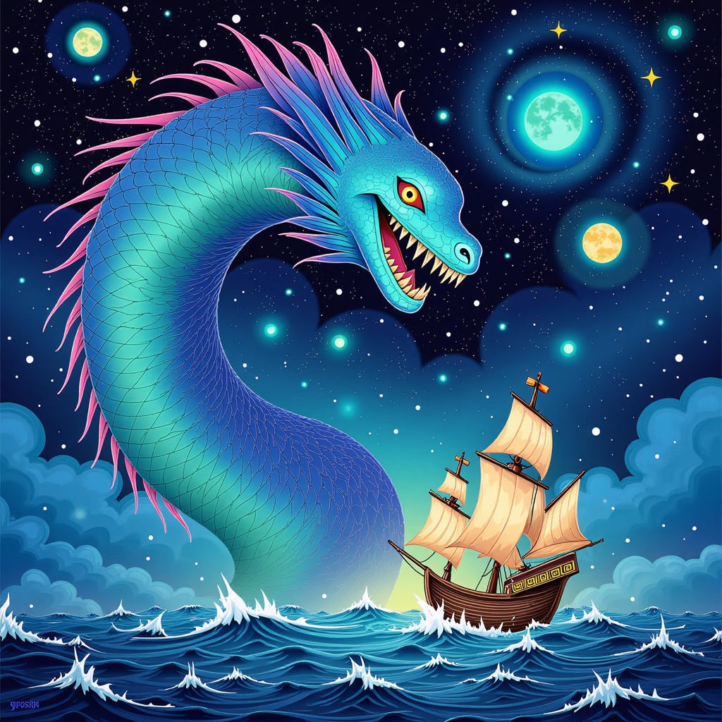Sinbad's ship dwarfed by a colossal, bioluminescent sea serpent or Roc, its scales shimmering with iridescent colors, emerging from a tempestuous, magically-hued ocean under a sky filled with swirling nebulae or twin moons.