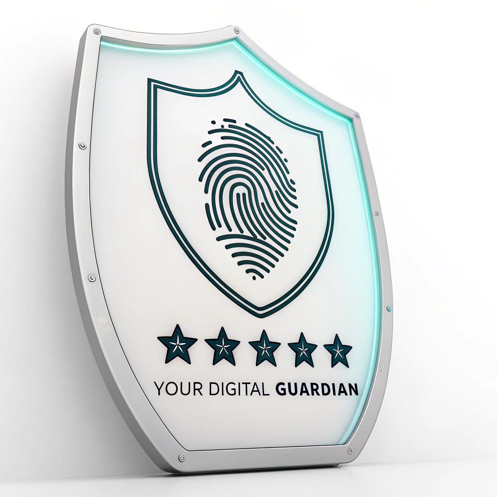 A sleek, modern shield with a glowing outline. Inside the shield, a fingerprint icon is visible, morphing into a series of asterisks, symbolizing biometric and password protection. The tagline 'Your Digital Guardian' could be below.
