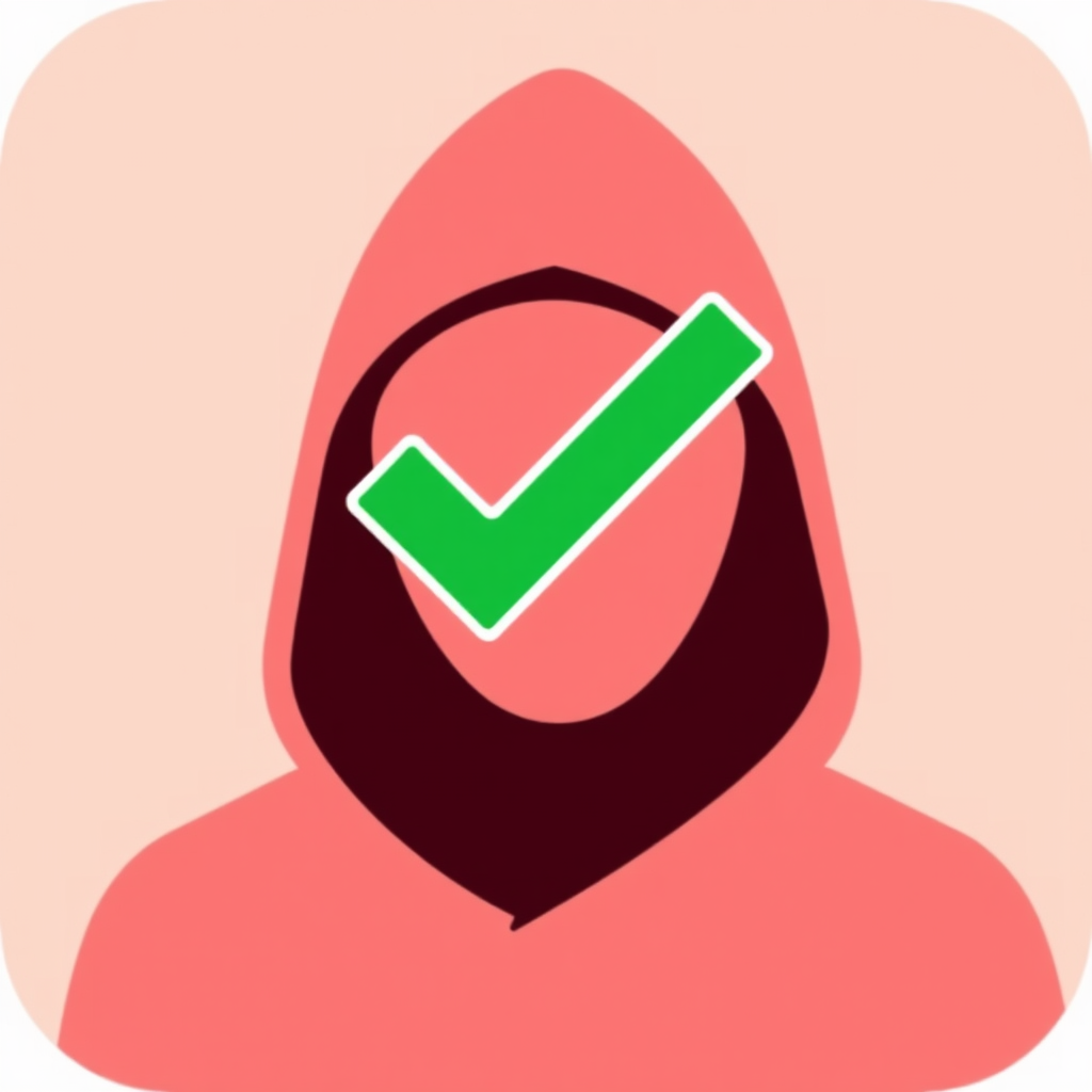 Simple Icon Idea: A minimalist hooded figure silhouette with a large, bold green checkmark overlaid directly on top of it.