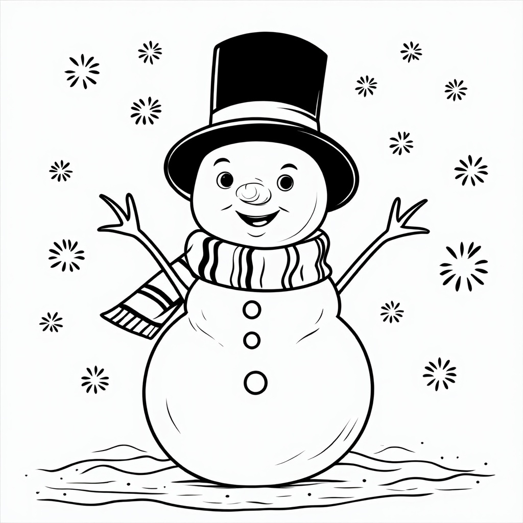 The image shows a snowman with a top hat and scarf, surrounded by snowflakes, on a white background. The snowman is sketched in black and white, and there is text at the bottom of the image. It is a free printable coloring page, perfect for the winter season.