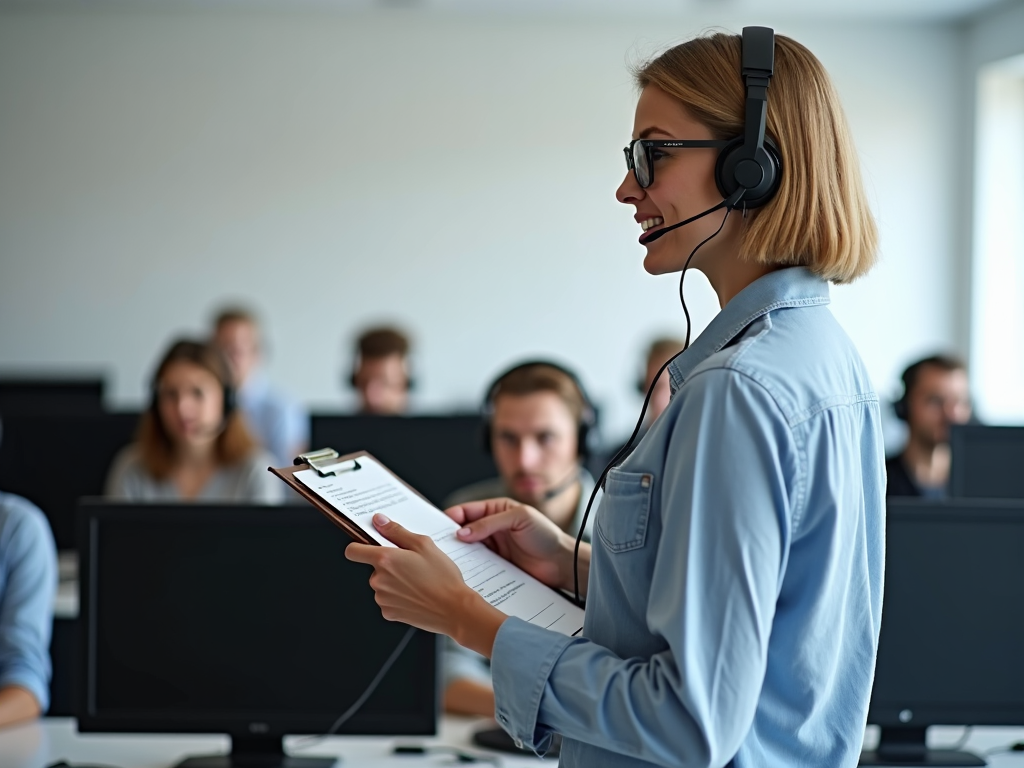 In a language lab, a teacher with headphones and a clipboard provides instructions for a listening exercise. The lab is equipped with individual language stations and headsets, facilitating focused learning.