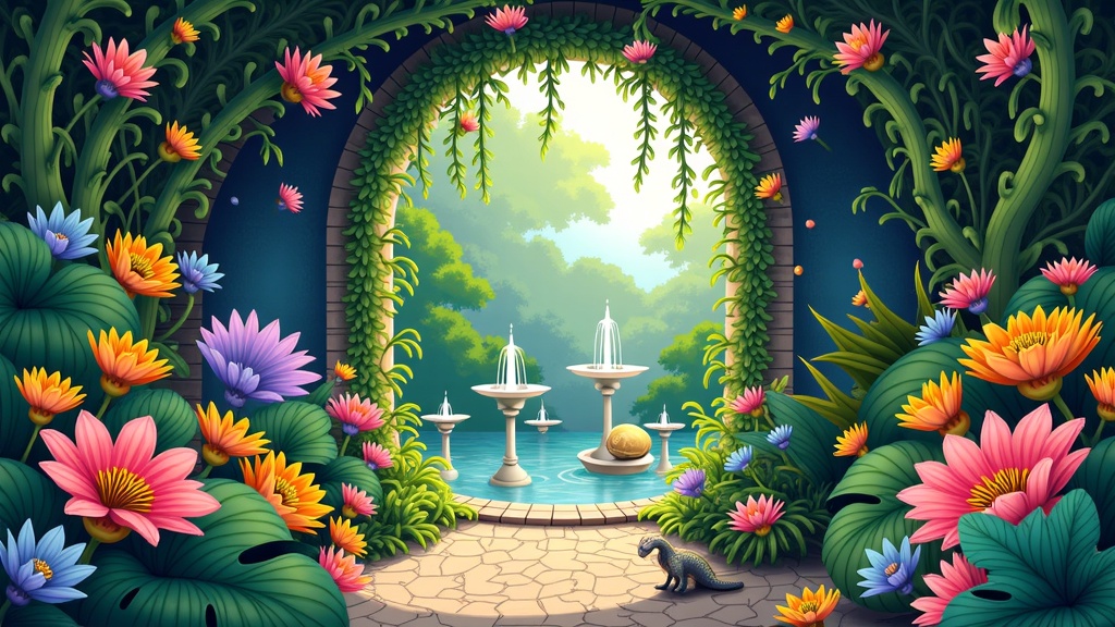 The Secret Grotto of Wonders: An illustration focusing on a hidden, secluded part of the garden, perhaps accessible through a vine-covered archway or behind a waterfall. This area features unique, rare flora with vibrant, almost unreal colors. A series of small, interconnected fountains or a natural spring. Fauna could be shy and mythical, like a small dragon tending to its eggs or a griffin resting. Light filters through dense canopy, creating a dappled, serene effect.