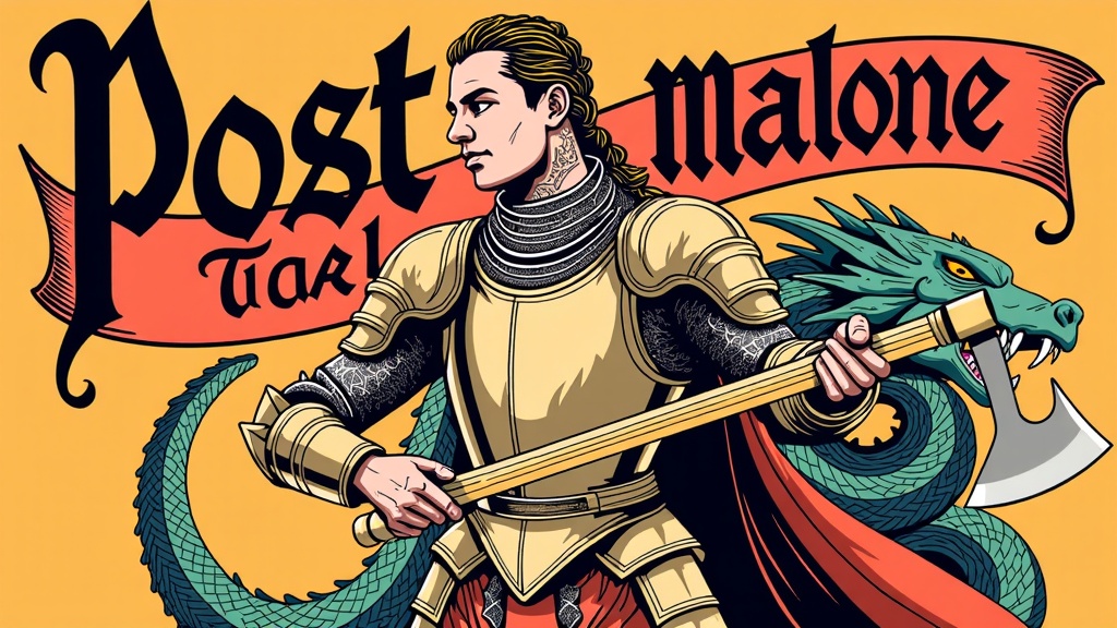 Post Malone depicted as a knight in shining, yet slightly battered, armor, perhaps with his face tattoos subtly visible. He could be holding a guitar stylized as a medieval axe or a lute, with a dragon or a mystical beast in the background. The tour name would be in a Gothic font, perhaps on a banner.