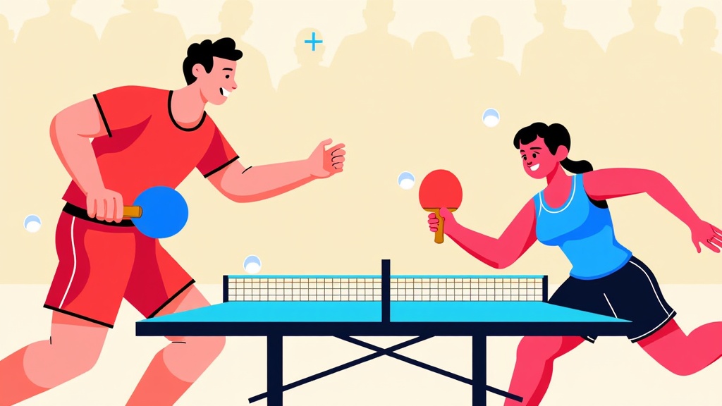  a man and a woman playing table tennis. The man is on the left side of the image, wearing a red t-shirt and shorts, and is holding a blue ping pong paddle. He is in the middle of a match, with the woman on the right side, also wearing a blue tank top and shorts. They are both holding red ping-pong paddles and are in the process of hitting the ball over the net. The background is a light beige color, and there are a few blue balls scattered around the table. The image appears to be an illustration of a table tennis game.