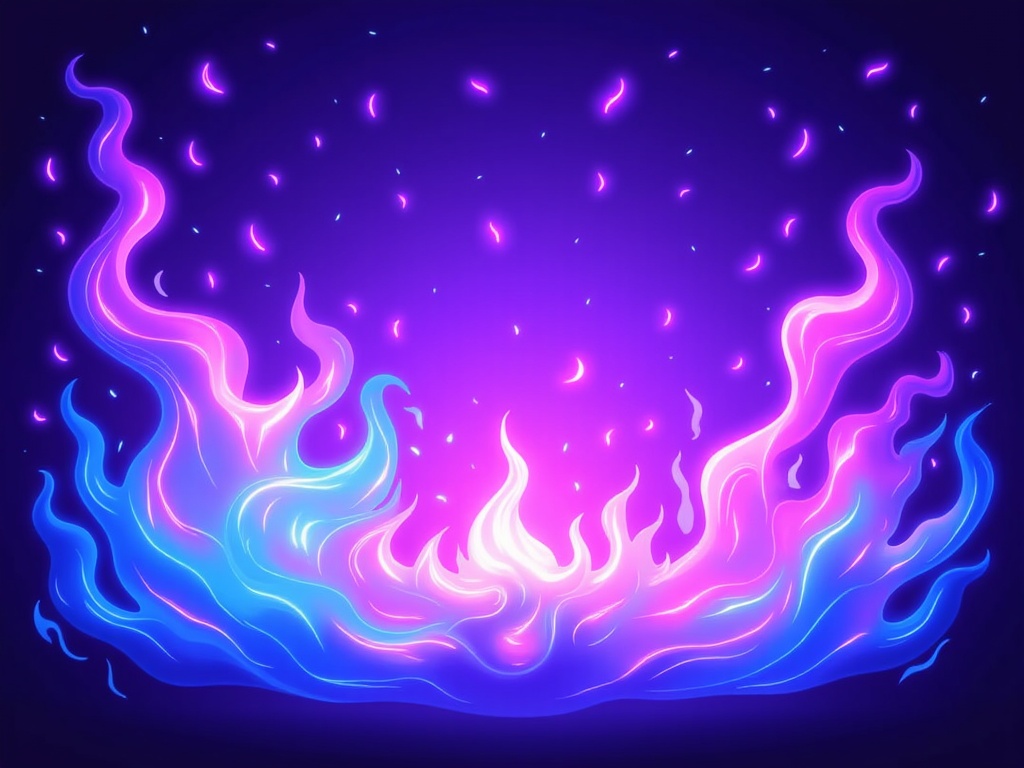 The image is an illustration of a fiery explosion. The background is dark blue, and the explosion is made up of pink and blue flames. The flames are curved and wavy, creating a sense of movement and energy. The pink flames are on the top and bottom of the image, while the blue flames are in the center. There are small pink dots scattered throughout the explosion, adding a pop of color to the otherwise dark background. The overall effect is one of energy and excitement.